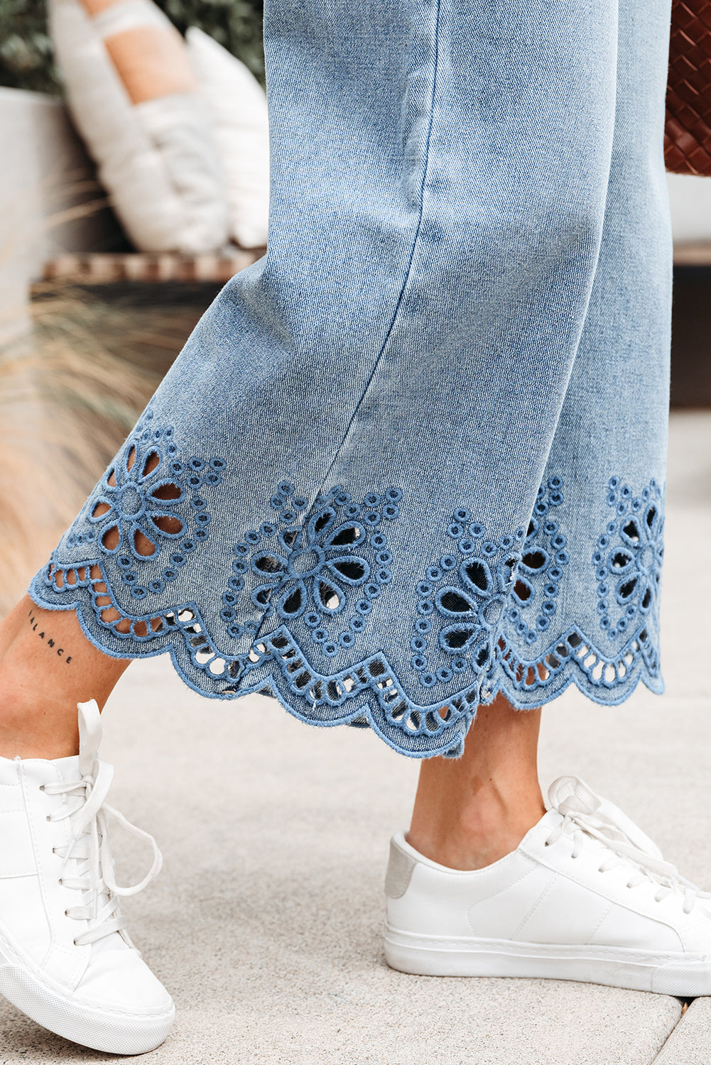 Dusk Blue Embroidered Cropped Wide Leg High Waist Jeans Jeans JT's Designer Fashion