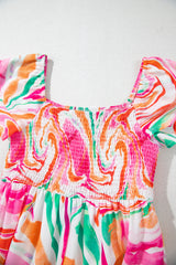 Pink Abstract Print Ruffled Sleeve Smocked Bust Long Dress Maxi Dresses JT's Designer Fashion