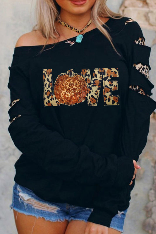 Black LOVE Sequin Pumpkin Leopard Print Cut Out Sleeve Sweatshirt Black 95%Polyester+5%Spandex Graphic Sweatshirts JT's Designer Fashion