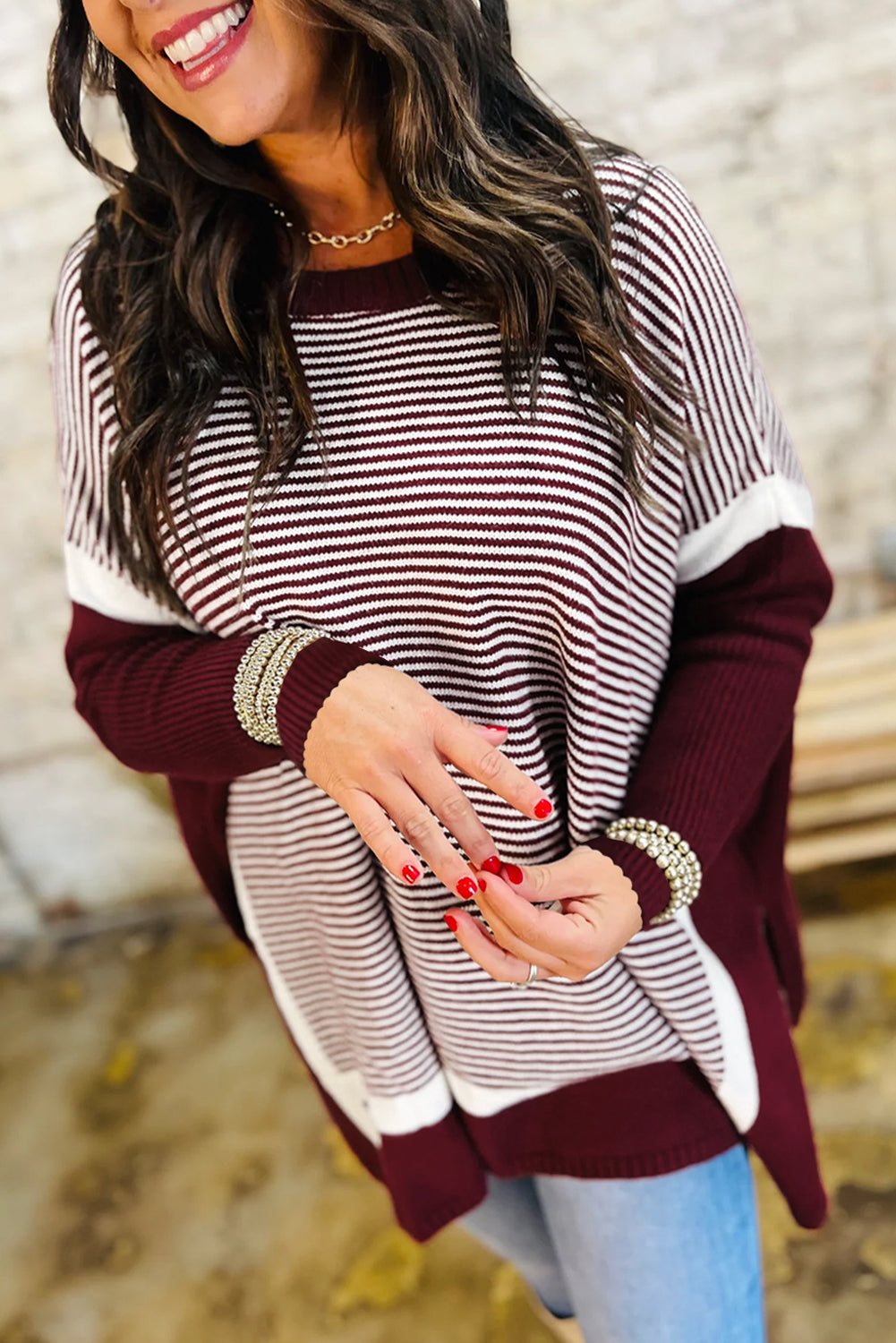 Red Stripe Color Block Patchwork Dolman Oversize Tunic Sweater Red Stripe 52%Viscose+26%Polyester+22%Polyamide Sweaters JT's Designer Fashion