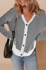 Black Stripe Buttoned Front V Neck Herringbone Cardigan Cardigans JT's Designer Fashion