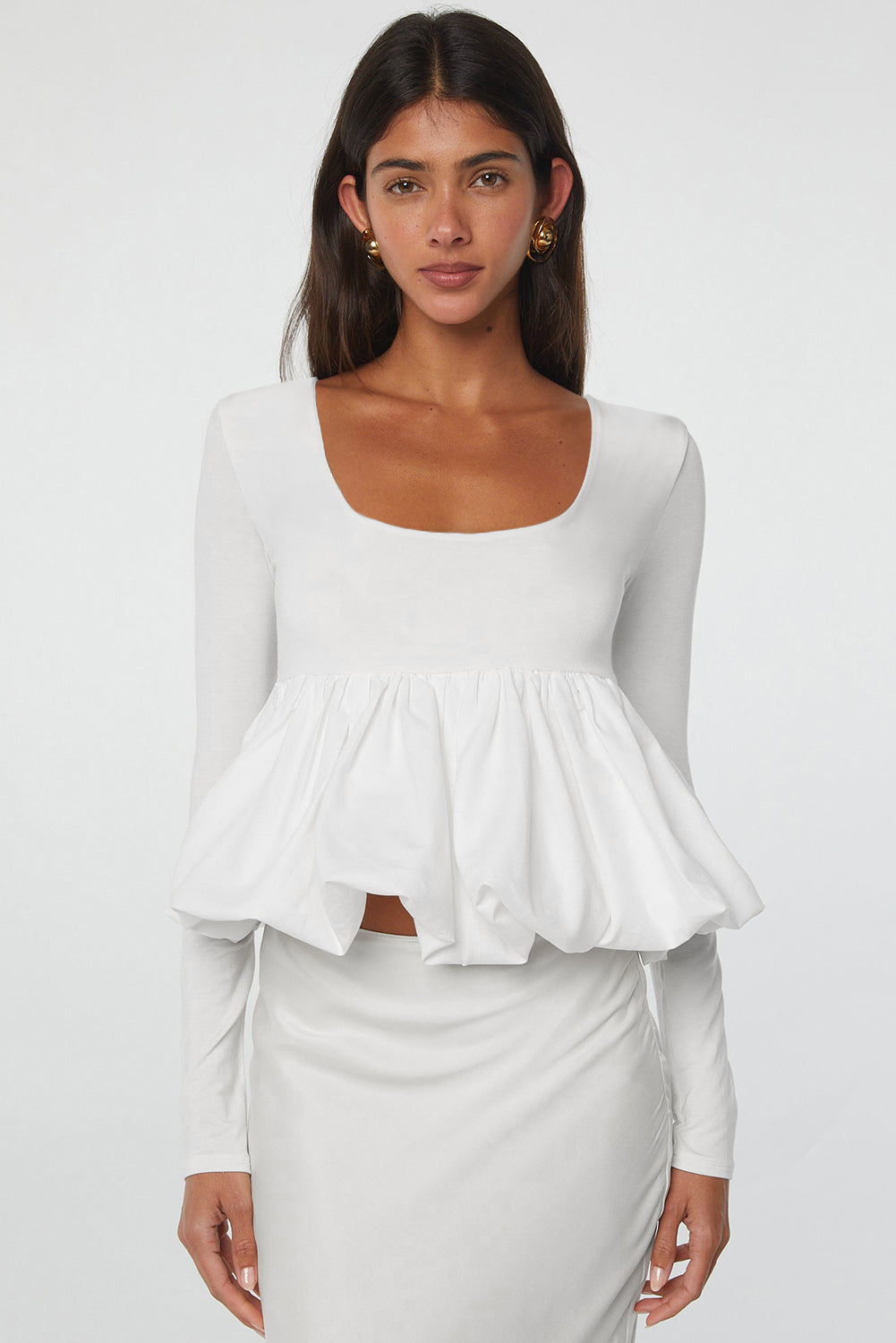 White U Neck Long Sleeve Bubble Hem Top Blouses & Shirts JT's Designer Fashion