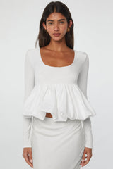 White U Neck Long Sleeve Bubble Hem Top Blouses & Shirts JT's Designer Fashion