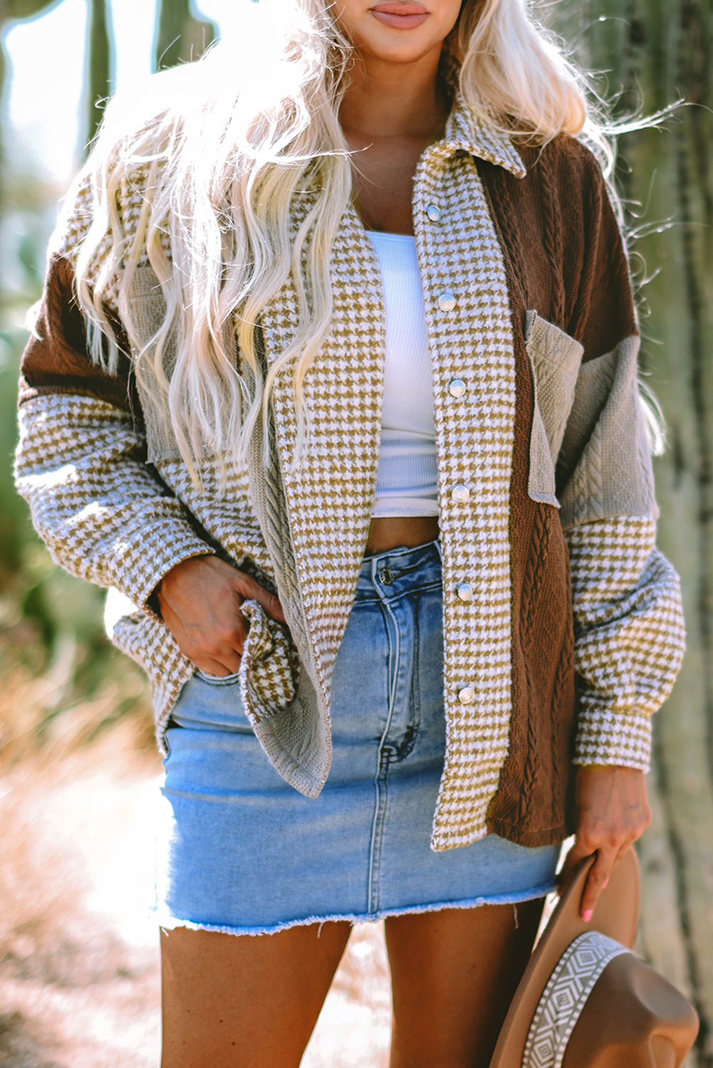 Khaki Houndstooth Color Contrast Textured Patchwork Loose Shacket Jackets JT's Designer Fashion
