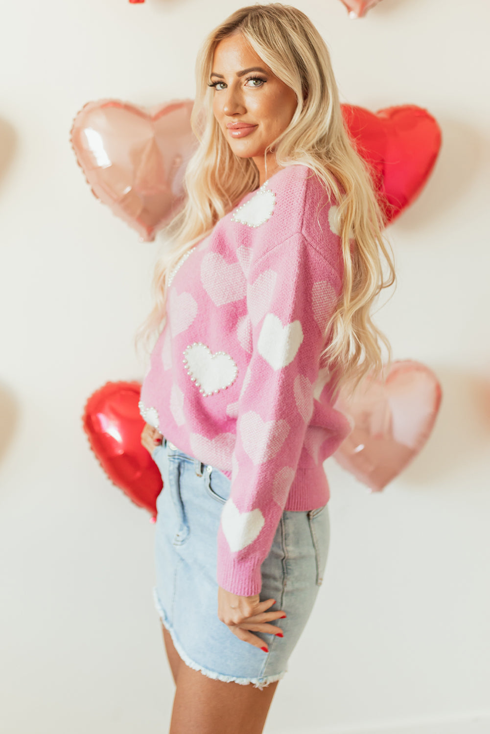 Pink Pearled Heart Print Valentines Crew Neck Sweater Sweaters JT's Designer Fashion