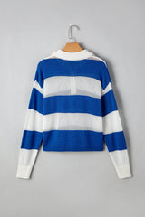 Blue Stripe Colorblock Polo Collar Eyelet Crochet Knitted Sweater Sweaters JT's Designer Fashion