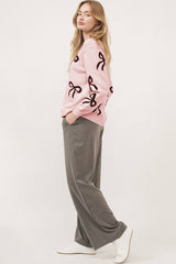 Light Pink Bow Pattern Knitted Loose Fit Sweater Sweaters JT's Designer Fashion