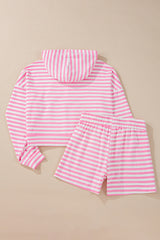 Pink Stripe Kangaroo Pocket Hoodie and Wide Leg Shorts Set Short Sets JT's Designer Fashion