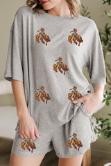 Gray Western Pattern Patched Half Sleeve Tee and Pocketed Shorts Set Gray 75%Polyester+20%Viscose+5%Elastane Graphic Sets JT's Designer Fashion