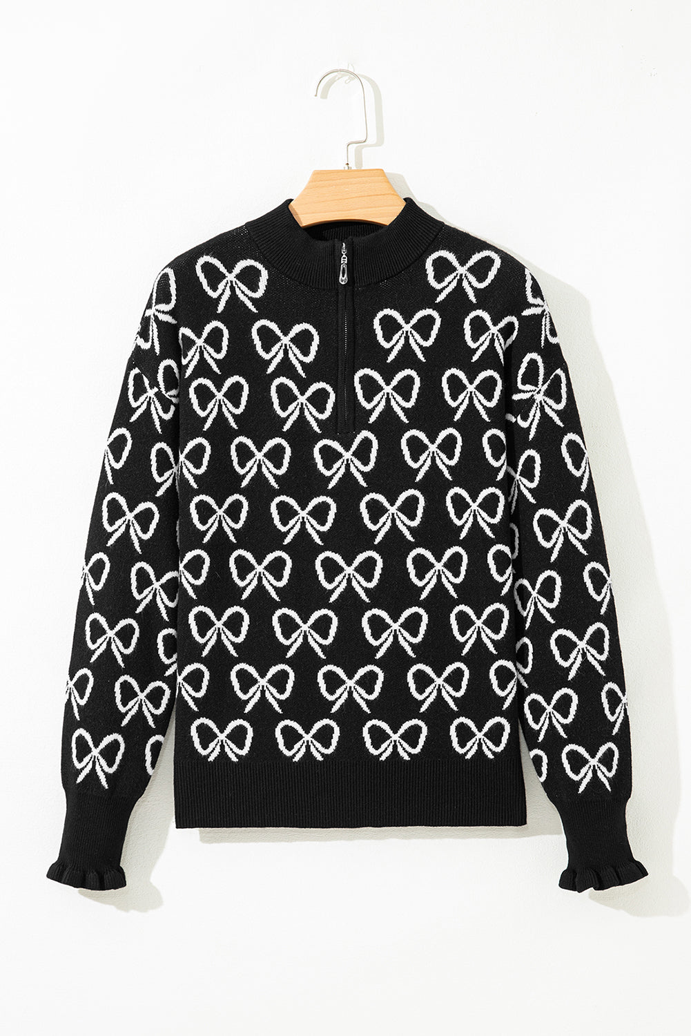 Black Cute Bow Pattern Drop Shoulder Zipped Collar Sweater Sweaters JT's Designer Fashion