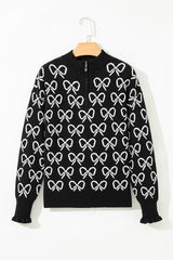 Black Cute Bow Pattern Drop Shoulder Zipped Collar Sweater Sweaters JT's Designer Fashion
