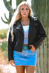Black PU Leather Lapel Collar Zipper Jacket Black shell:100%PU+Lining:100%Polyester Jackets JT's Designer Fashion