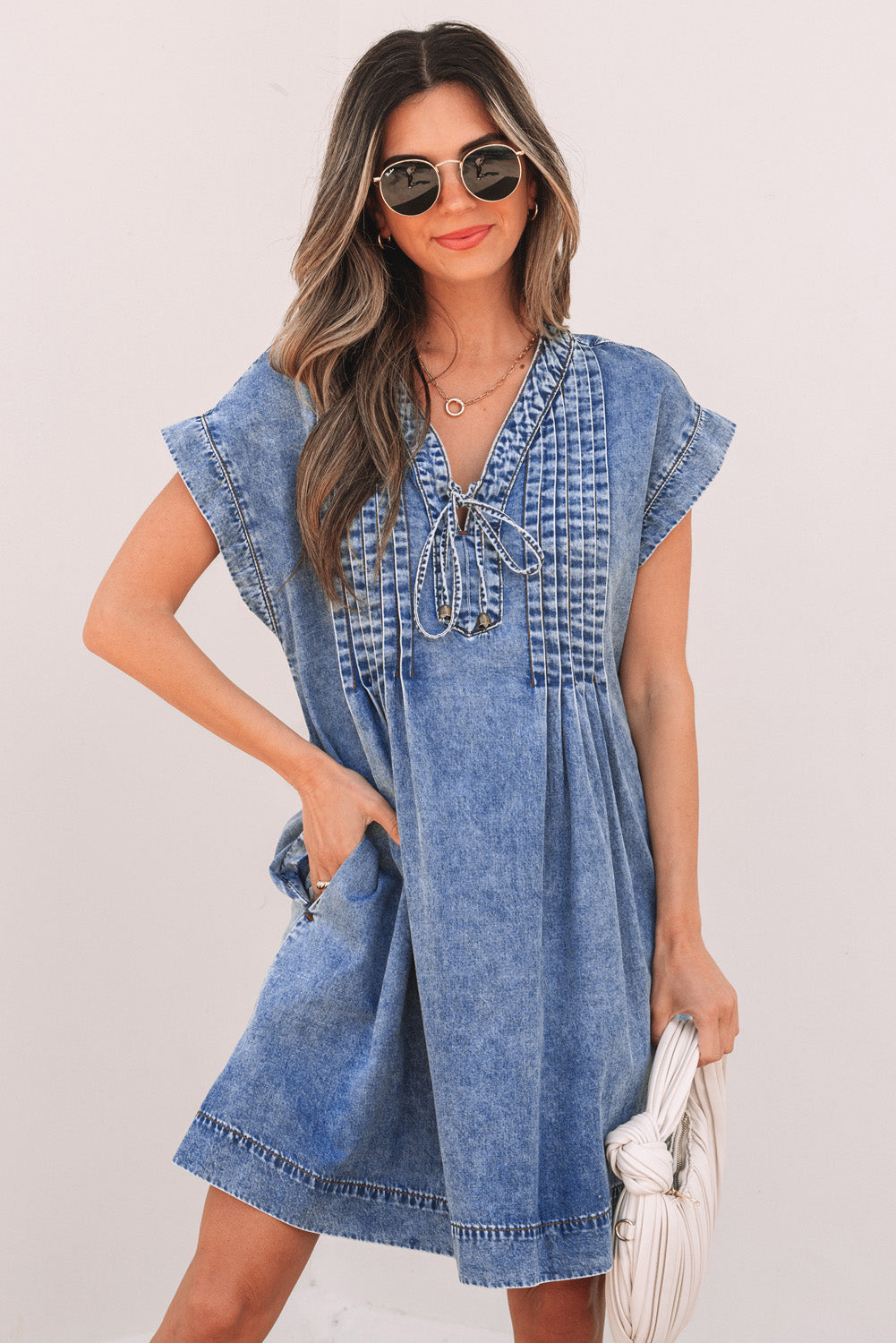 Beau Blue Tie V Neck Tucking Detail Short Sleeve Denim Shift Dress Mini Dresses JT's Designer Fashion