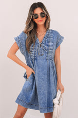 Beau Blue Tie V Neck Tucking Detail Short Sleeve Denim Shift Dress Mini Dresses JT's Designer Fashion
