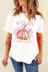 White Autumn Girly Thanksgiving Bowknot Pumpkin Graphic T Shirt Graphic Tees JT's Designer Fashion