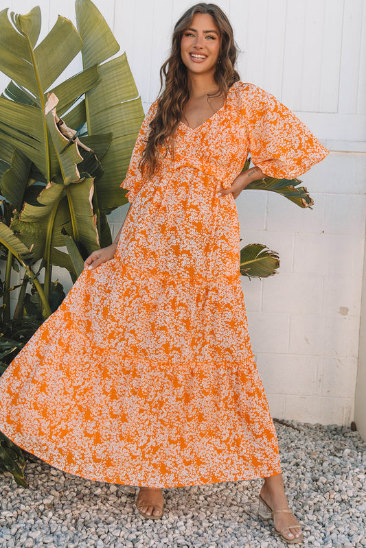 Orange Floral Print Smocked V Neck Wide Sleeve Maxi Dress Orange 97%Polyester+3%Elastane Floral Dresses JT's Designer Fashion