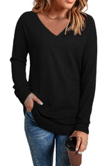 Black Solid Color V Neck Long Sleeve Knit Top Long Sleeve Tops JT's Designer Fashion