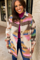 White Aztec Print Button Up Shacket Jackets JT's Designer Fashion