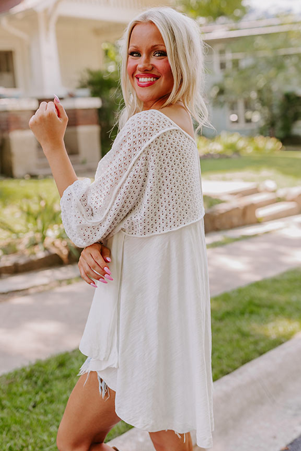 White Eyelet Patchwork High Low Hem V Neck Oversized Top Long Sleeve Tops JT's Designer Fashion