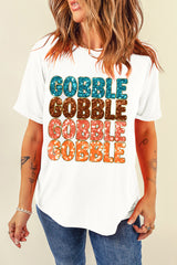 White Glittering GOBBLE Graphic Crewneck Thanksgiving T Shirt Graphic Tees JT's Designer Fashion