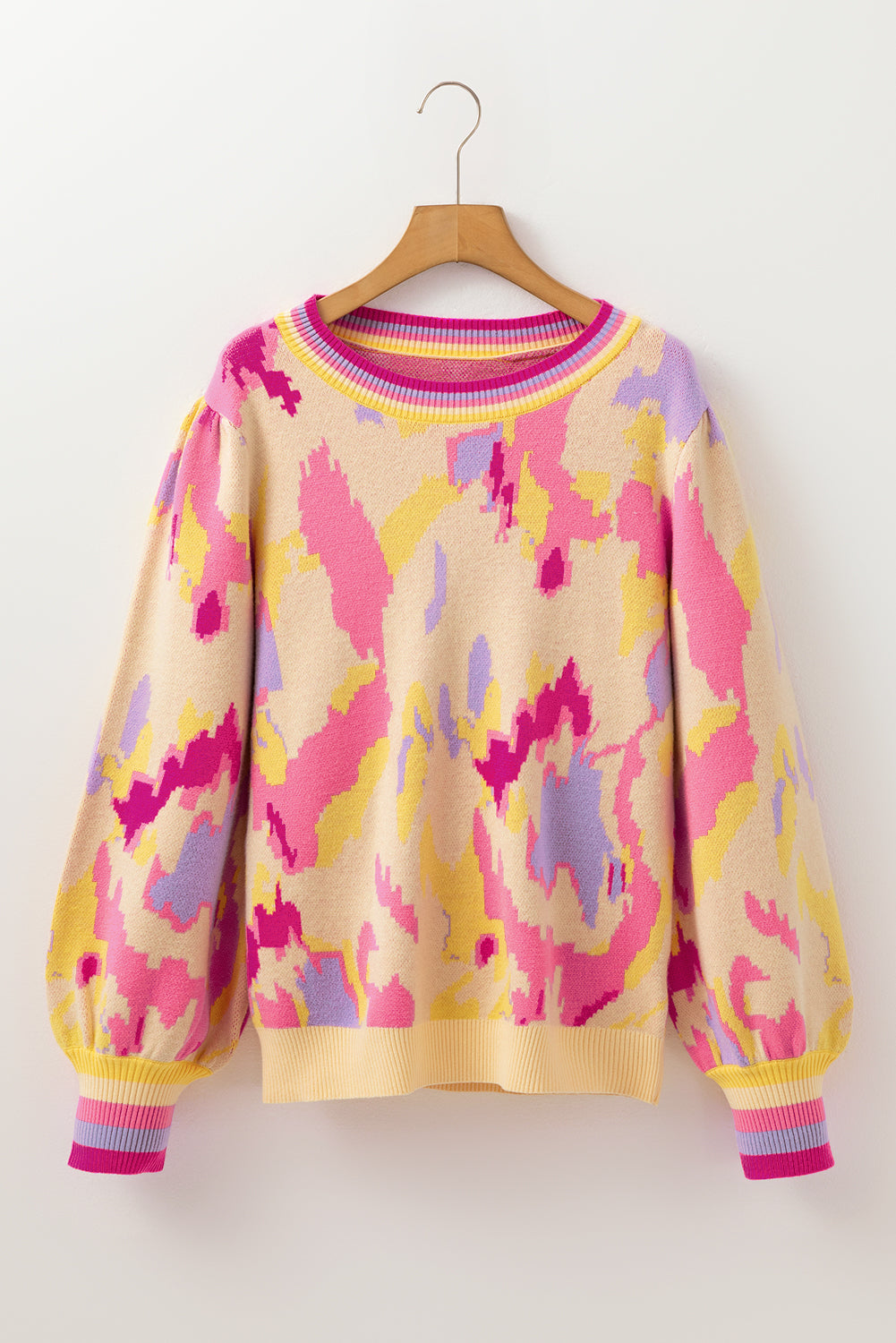 Khaki Abstract Print Colorblock Balloon Sleeve Sweater Sweaters JT's Designer Fashion