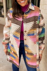 White Aztec Print Button Up Shacket White 100%Polyester Jackets JT's Designer Fashion