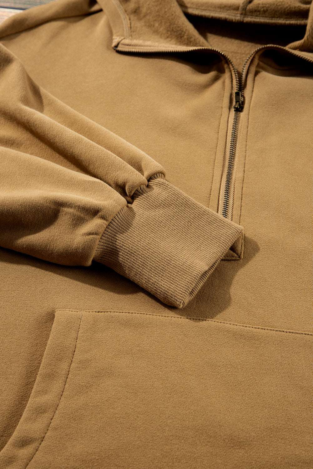 Brown Fleece Lined Half Zipper Kangaroo Pockets Loose Hoodie Sweatshirts & Hoodies JT's Designer Fashion