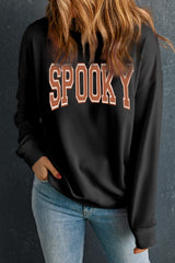 Black SPOOKY Graphic Drop Shoulder Halloween Pullover Sweatshirt Graphic Sweatshirts JT's Designer Fashion