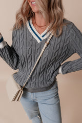 Medium Grey Color Contrast Ribbed Edge Cable Knit V Neck Sweater Sweaters JT's Designer Fashion