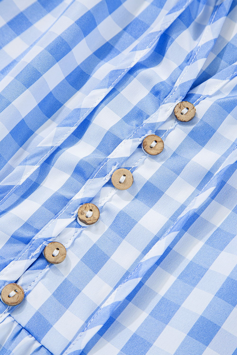 Sky Blue Gingham Short Sleeve Button Tie Split Neck Loose Mini Dress Mini Dresses JT's Designer Fashion