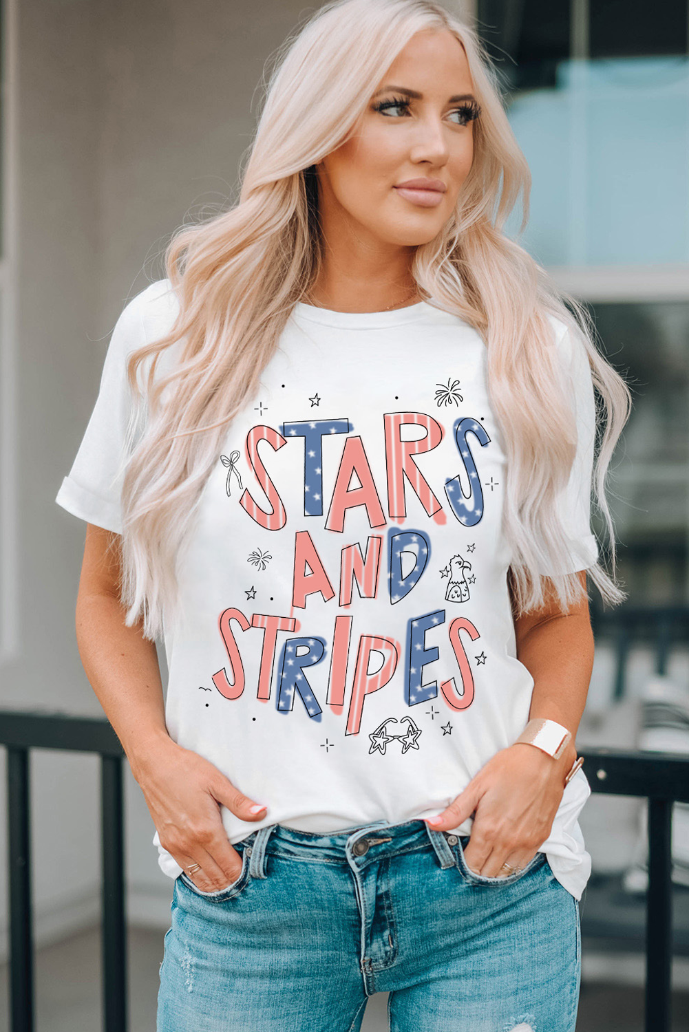 White STARS AND STRIPES Crew Neck Graphic Tee Graphic Tees JT's Designer Fashion