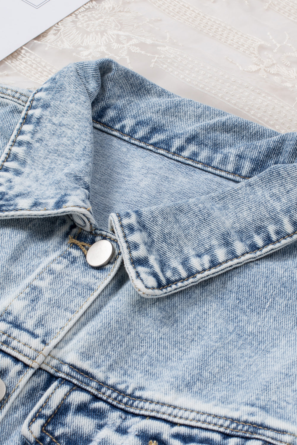 Sky Blue Lapel Distressed Raw Hem Buttons Denim Jacket Denim Jackets JT's Designer Fashion