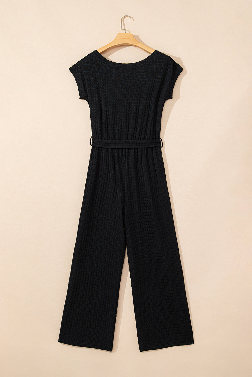 Black Checkered Mesh One Shoulder Short Sleeve Knotted Waist Jumpsuit Jumpsuits & Rompers JT's Designer Fashion