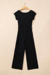 Black Checkered Mesh One Shoulder Short Sleeve Knotted Waist Jumpsuit Jumpsuits & Rompers JT's Designer Fashion