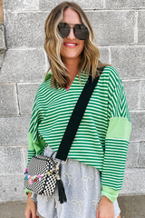 Green Stripe Turn-Down V Neck Patchwork Loose Top Long Sleeve Tops JT's Designer Fashion
