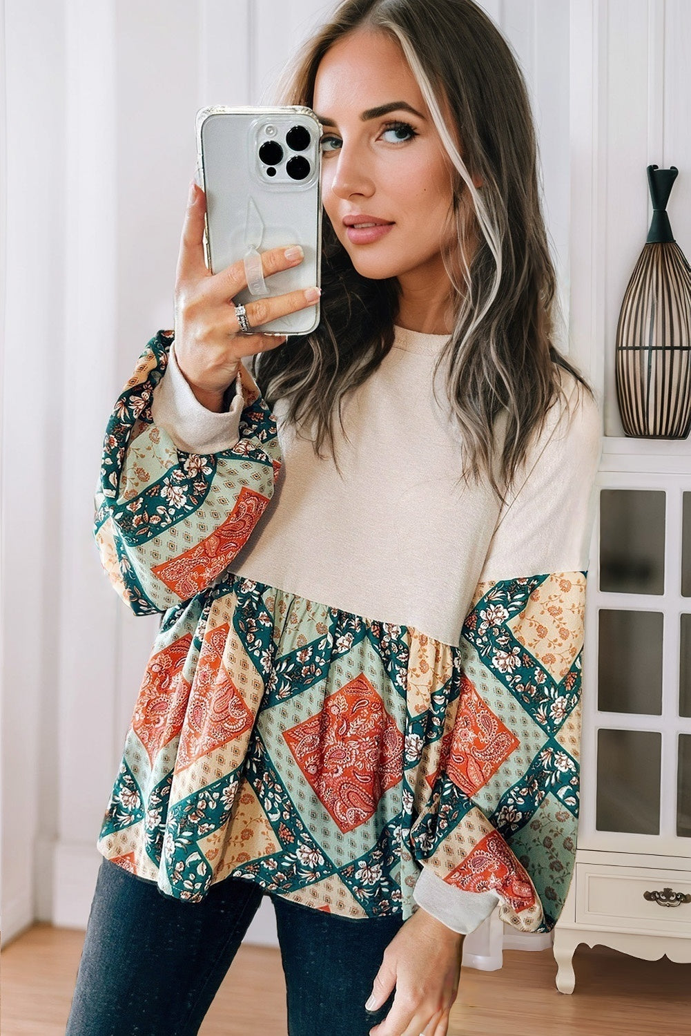Jet Stream Paisley Geometric Patchwork Crew Neck Loose Fit Top Long Sleeve Tops JT's Designer Fashion
