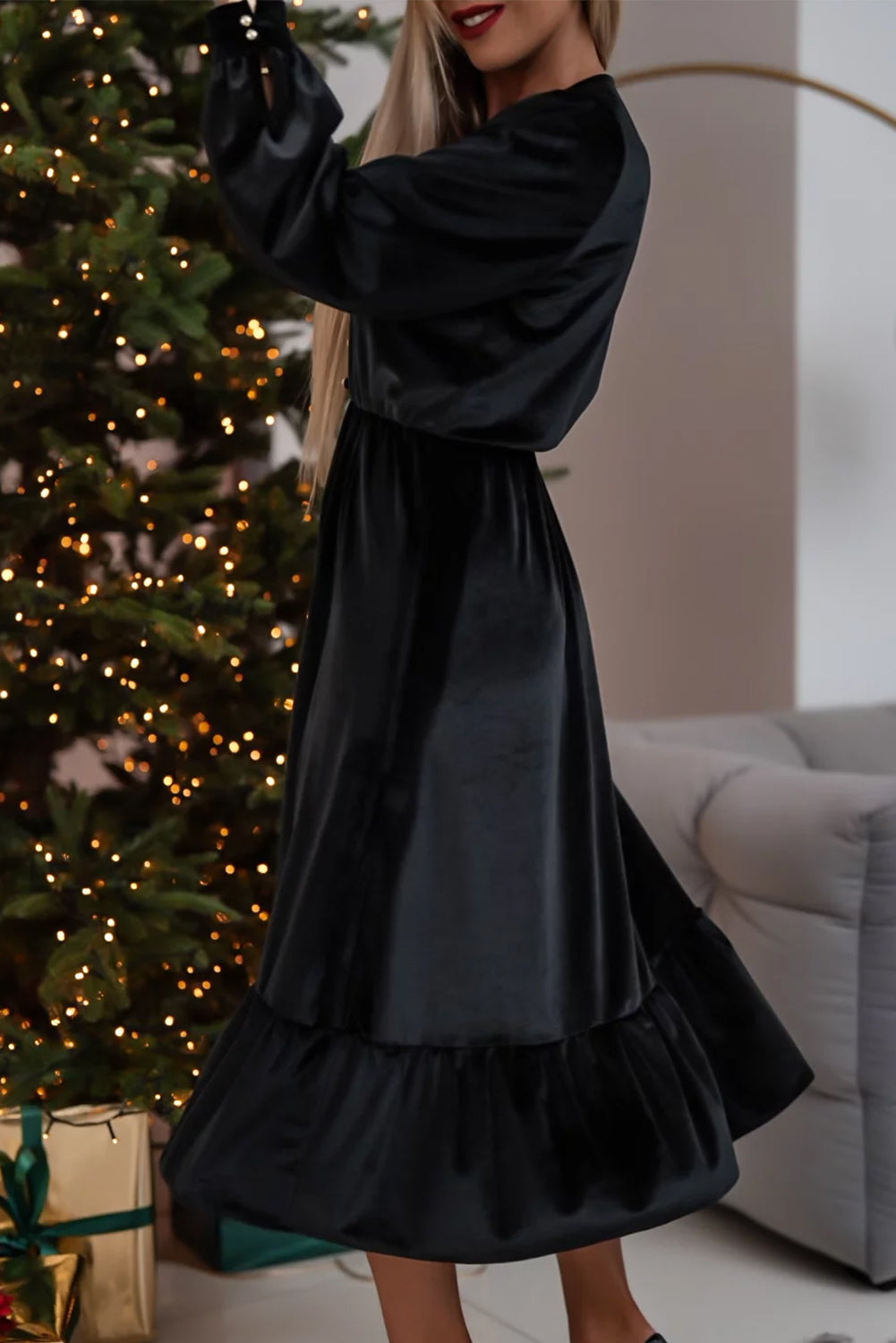 Black Velvet Buttoned Puff Sleeve V Neck Split Midi Dress Midi Dresses JT's Designer Fashion