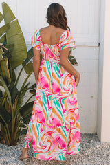 Pink Abstract Print Ruffled Sleeve Smocked Bust Long Dress Maxi Dresses JT's Designer Fashion