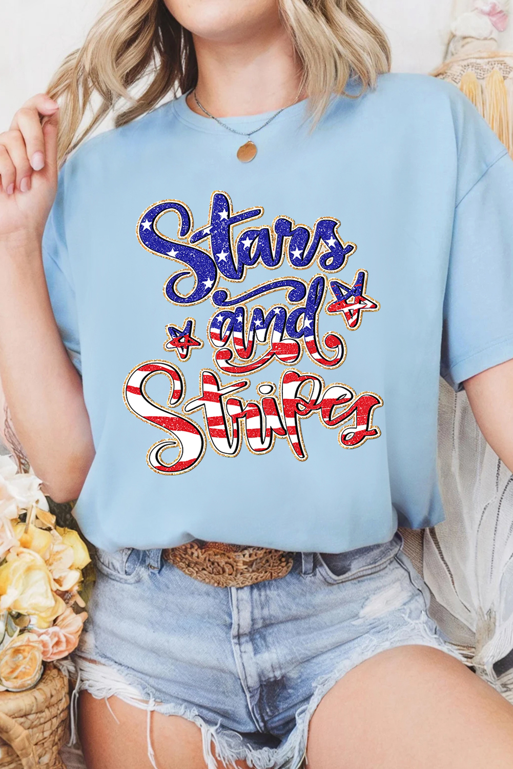 Light Blue Stars and Stripes Graphic July 4th Patriotic Tee Graphic Tees JT's Designer Fashion