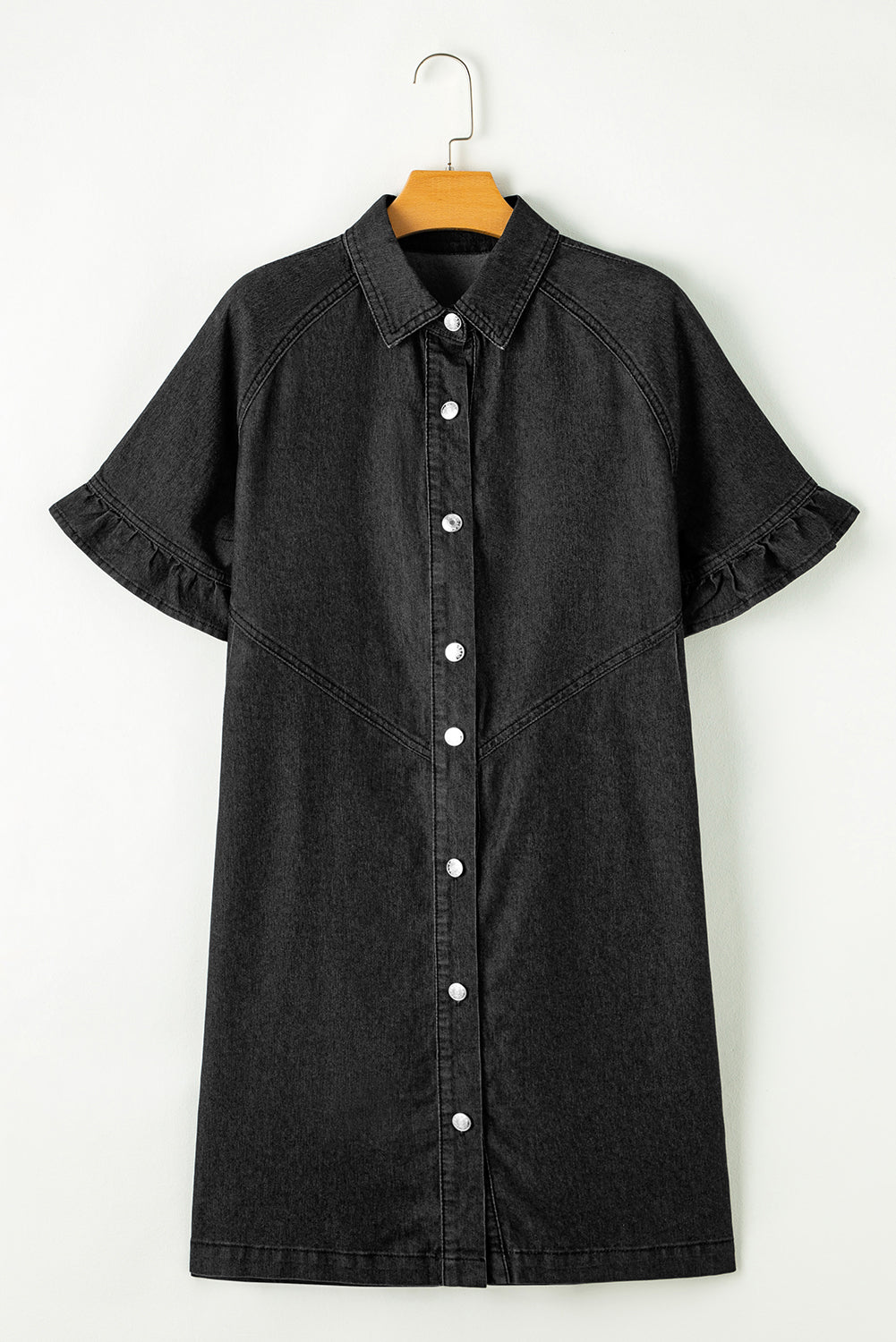Black Frilled Short Sleeve Button Up Loose Denim Shirt Dress Mini Dresses JT's Designer Fashion