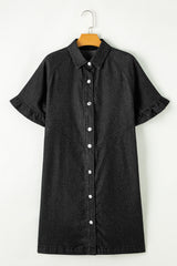 Black Frilled Short Sleeve Button Up Loose Denim Shirt Dress Mini Dresses JT's Designer Fashion