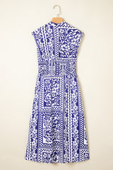 Dirty blue Shirred Waist V Neck Sleeveless Floral Print Long Dress Dresses JT's Designer Fashion