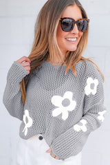 Light Grey Big Flower Hollowed Knit Drop Shoulder Sweater Sweaters JT's Designer Fashion