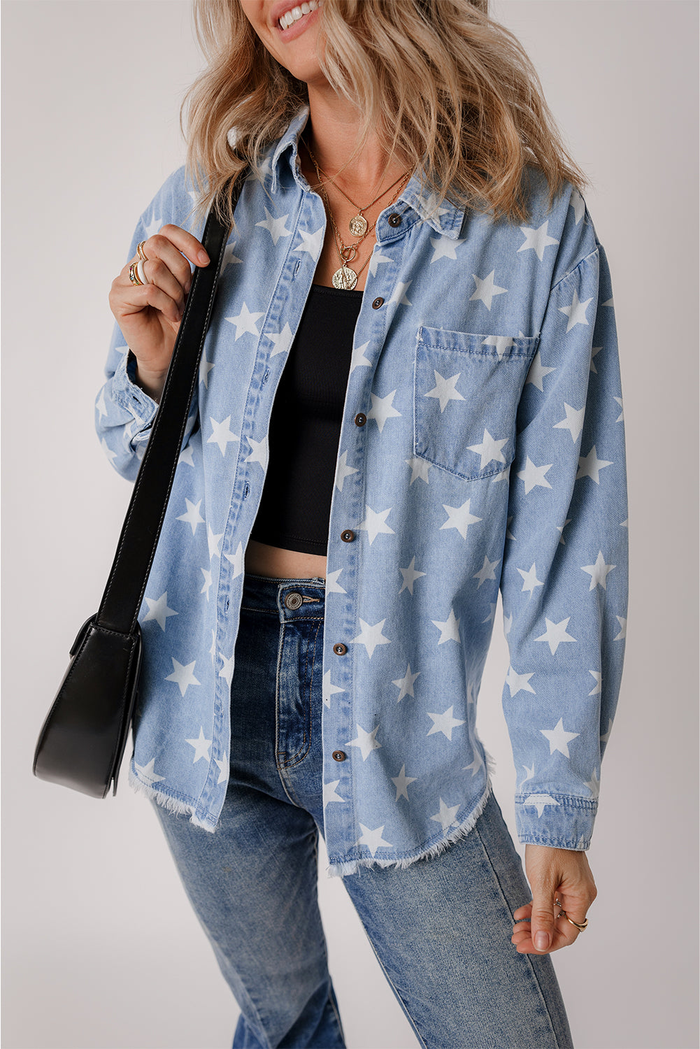 Sky Blue Star Print Light Wash Raw Hem Denim Jacket Denim Jackets JT's Designer Fashion