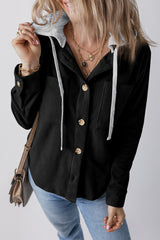 Black Hooded Drawstring Pockets Corduroy Shacket Color black 100%Polyester Jackets JT's Designer Fashion