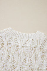 White Cut Out Crochet Crew Neck Loose Fit Sweater Sweaters JT's Designer Fashion
