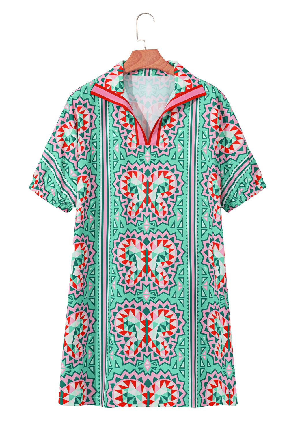 Mint Green Geometric Butterfly Print Split Neck Short Sleeve Dress Mini Dresses JT's Designer Fashion