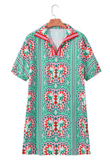 Mint Green Geometric Butterfly Print Split Neck Short Sleeve Dress Mini Dresses JT's Designer Fashion