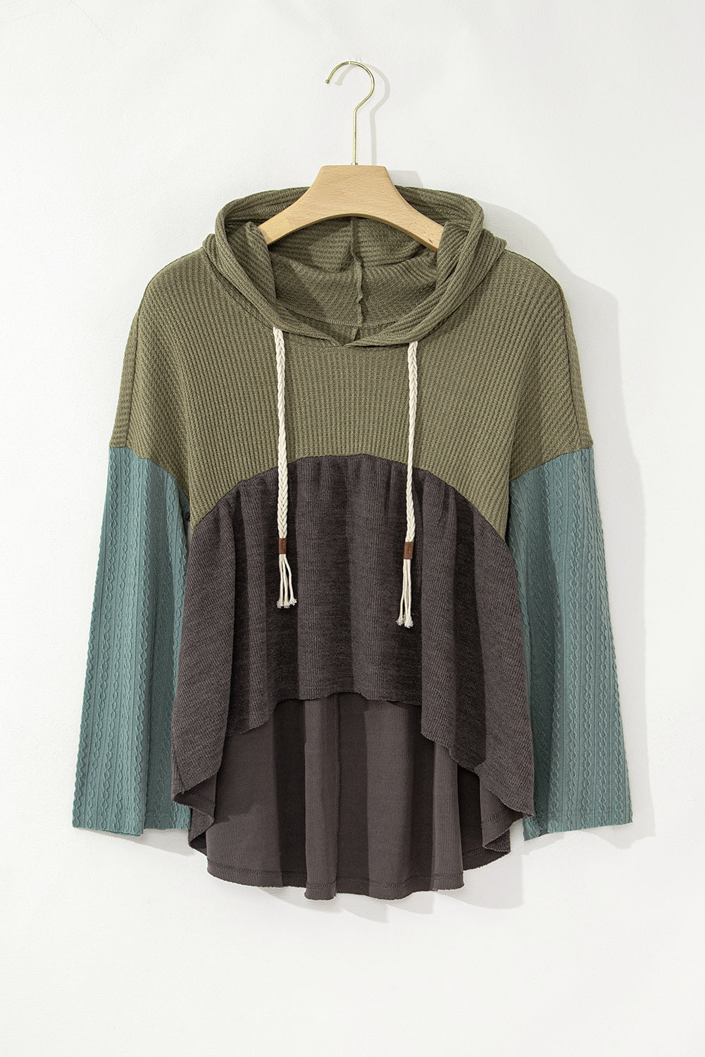 Laurel Green Mixed Textured Colorblock Patchwork Wide Sleeve Frayed High Low Hooded Top Long Sleeve Tops JT's Designer Fashion