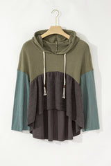 Laurel Green Mixed Textured Colorblock Patchwork Wide Sleeve Frayed High Low Hooded Top Long Sleeve Tops JT's Designer Fashion